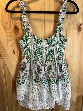 Tory Burch Floral Smocked Lace Trim Tank Top - Size 12